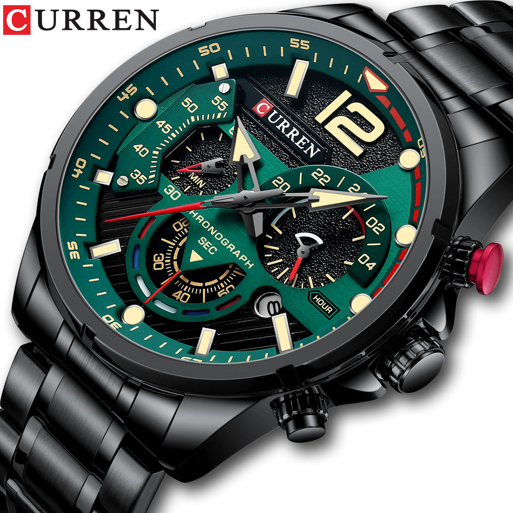 Men's Six-Pin Chronograph Watch | Steel Band Quartz Calendar