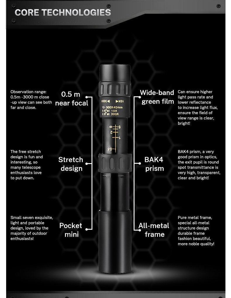 10-30×25 HD Zoom Monocular Telescope — Portable Long Range Spyglass for Hunting & Outdoor