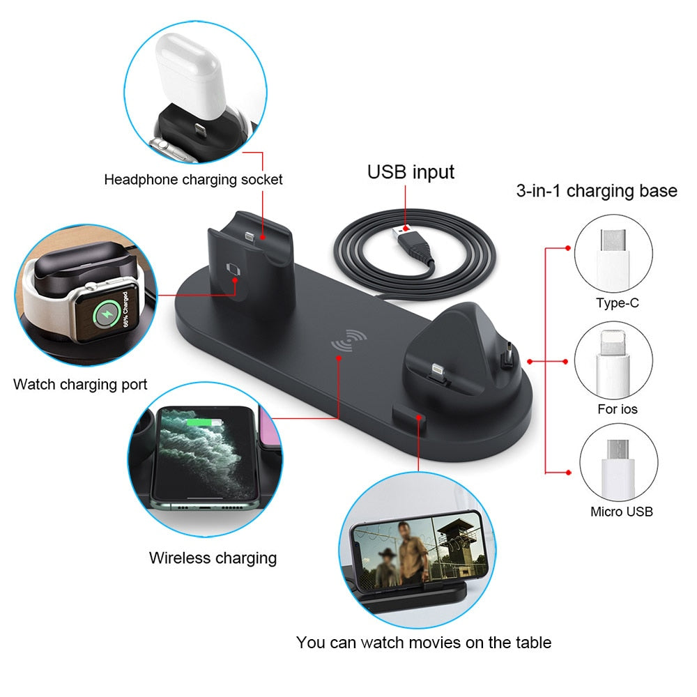 6-in-1 Wireless Charging Station – Fast Charge iPhone, Apple Watch, AirPods & Android
