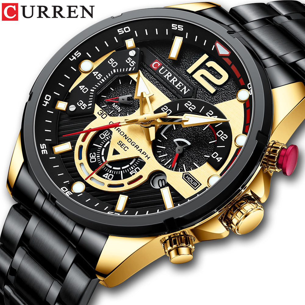 Men's Six-Pin Chronograph Watch | Steel Band Quartz Calendar