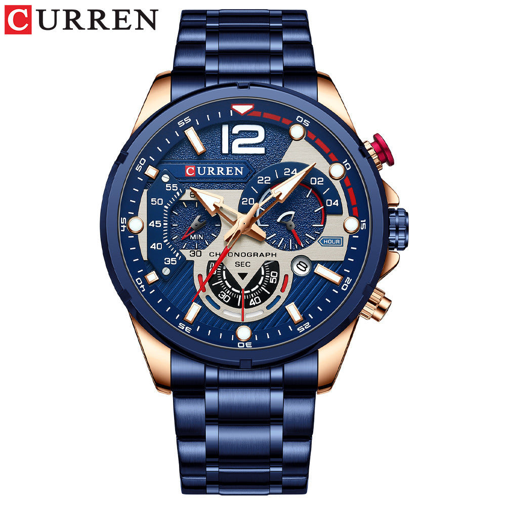 Men's Six-Pin Chronograph Watch | Steel Band Quartz Calendar