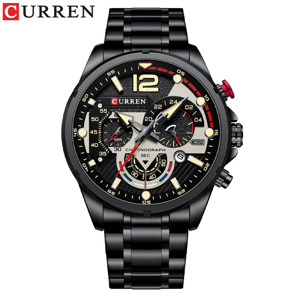 Men's Six-Pin Chronograph Watch | Steel Band Quartz Calendar