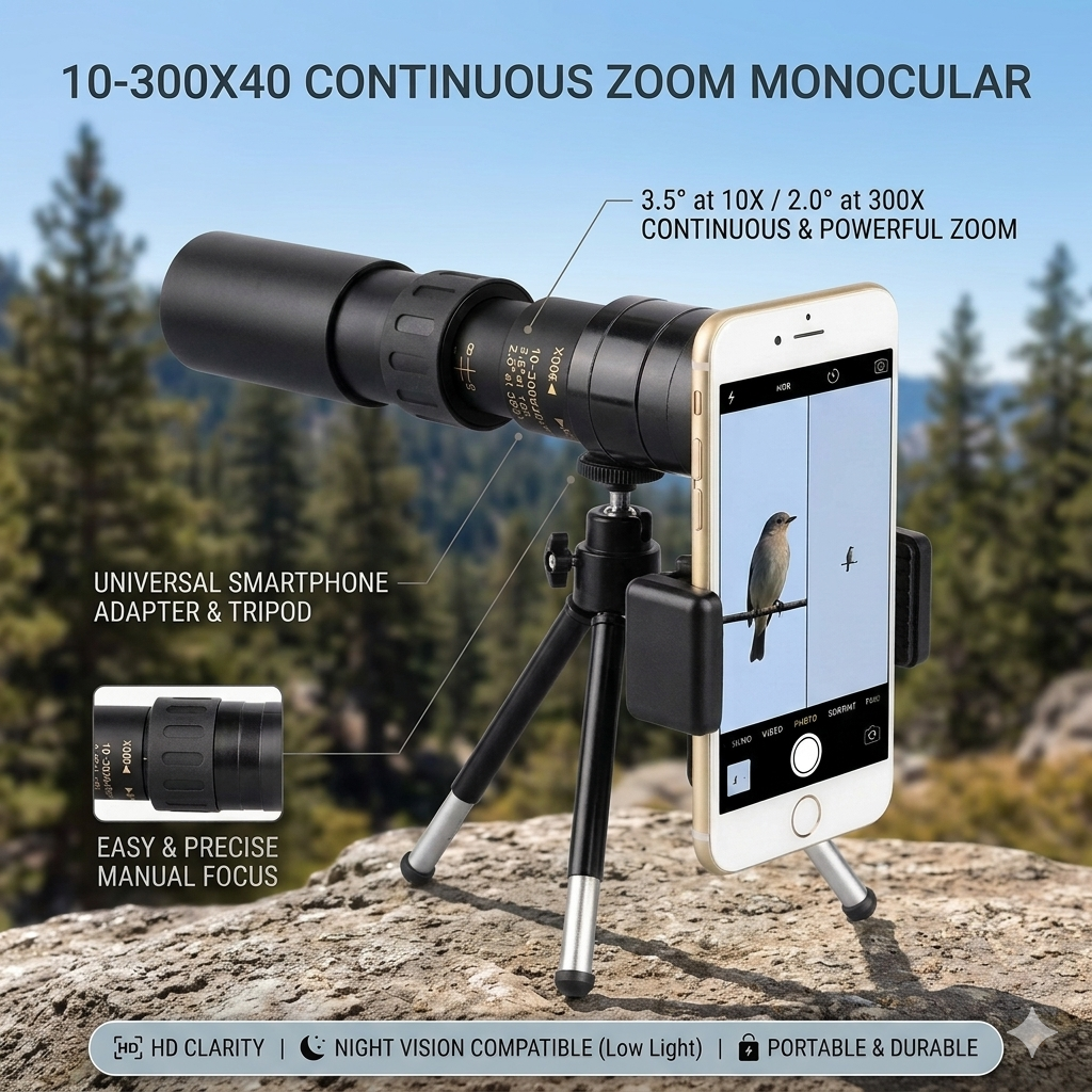 10-30×25 HD Zoom Monocular Telescope — Portable Long Range Spyglass for Hunting & Outdoor