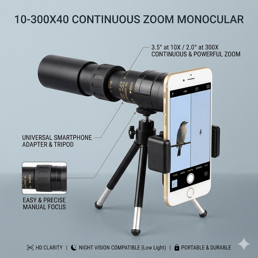 10-30×25 HD Zoom Monocular Telescope — Portable Long Range Spyglass for Hunting & Outdoor
